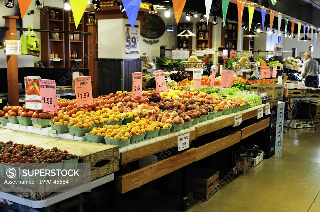 Fruits and vegetables on display at the Lonsdale Quay Market in North Vancouver, British Columbia, Canada.