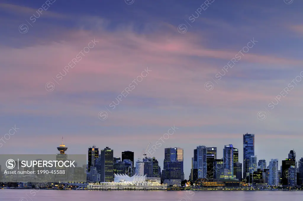 Canada Place and the Vancouver skyline in Vancouver, British Columbia, Canada.