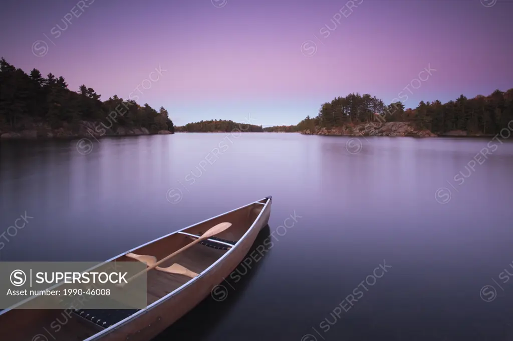 Canoe on Carlyle Lake in Killarney Provincial Park, Ontario, Canada.