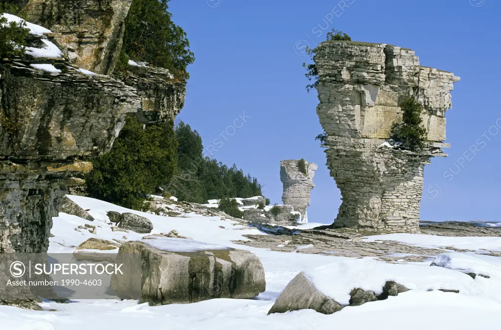 The famous ´flowerpots´, eroded limestone formations, located on the shoreline of Flowerpot Island, Georgian Bay, in Fathom Five National Marine Park,...