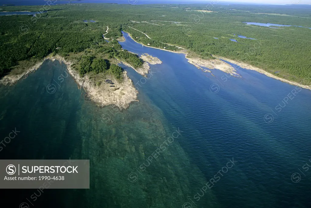 Aerial view of Baptist Harbour, Lake Huron shoreline near Tobermory, Bruce Peninsula, Ontario, Canada