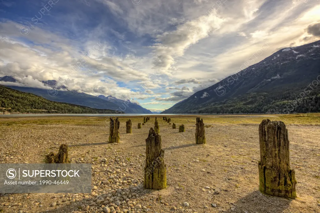 Old pier stands at the abandoned townsite of Dyea, Skagway, Alaska, Canada.