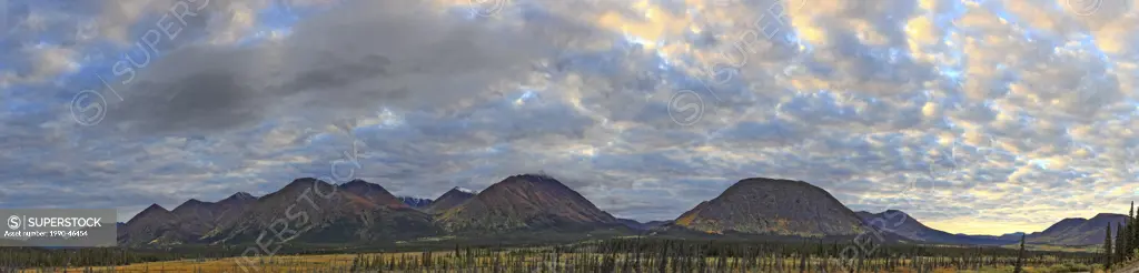 Panoramic view of the mountains down the Annie Lake Road in fall colours, Yukon, Canada.