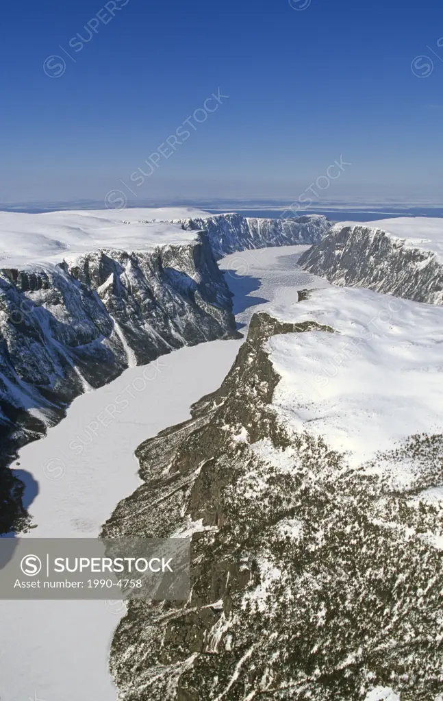 Aerial of Western Brook Pond in winter, Gros Morne National Park, Newfoundland and Labrador, Canada