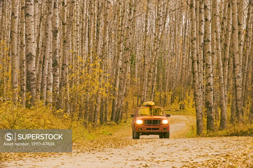 Truck on gravel road, Prince Albert National Park, Saskatchewan, Canada