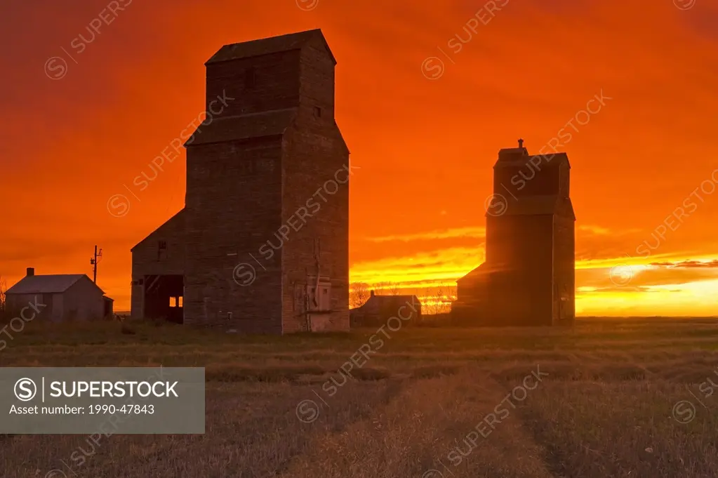 Grain elevators, abandoned town of Lepine, Saskatchewan, Canada