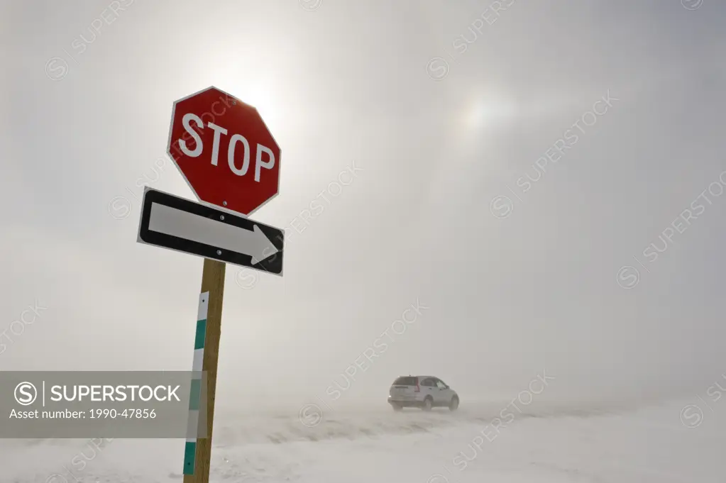 Road covered with blowing snow, near Morris, Manitoba, Canada