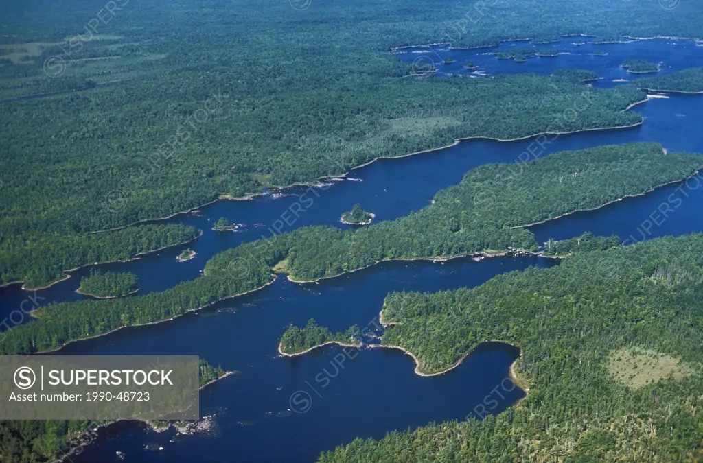 Aerial view of Eastern Run and Western Run conncecting Kejimkujik Lake and George Lake. Kejimkujik National Park, Nova Scotia, Canada.