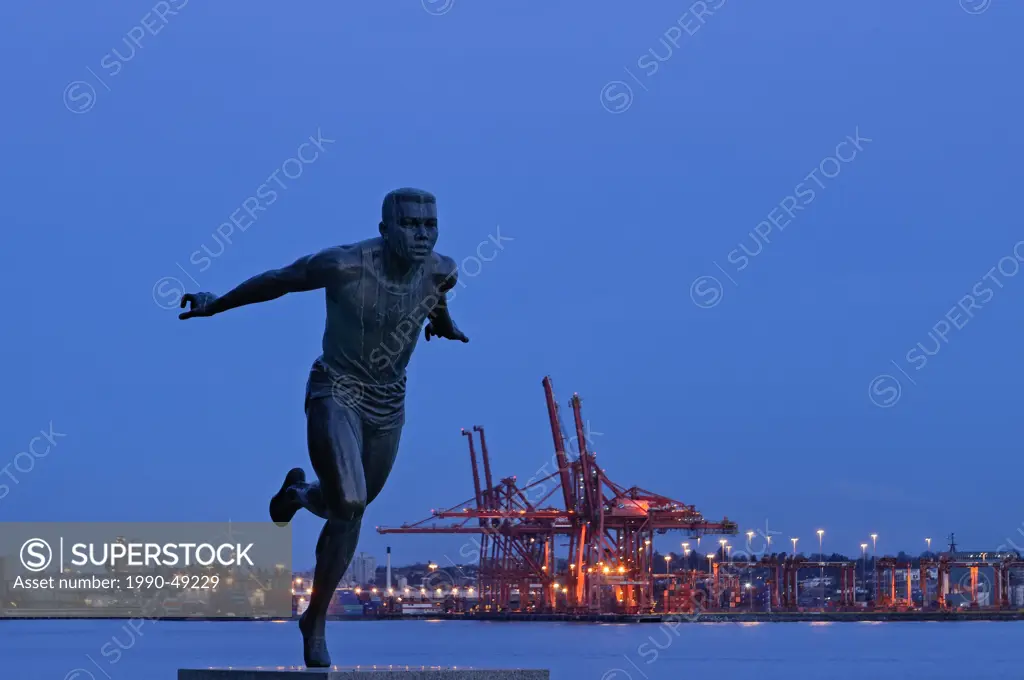 Harry Jerome statue and the Port of Vancouver from Stanley Park, Vancouver, British Columbia, Canada