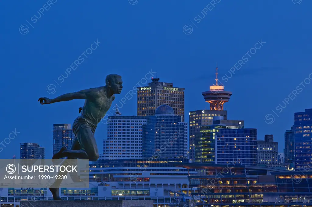 Harry Jerome statue and Vancouver skyline from Stanley Park, Vancouver, British Columbia, Canada