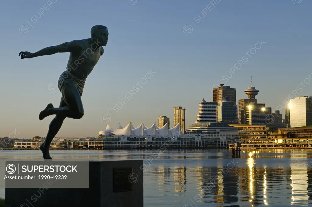 Harry Jerome statue and Vancouver skyline from Stanley Park, Vancouver, British Columbia, Canada