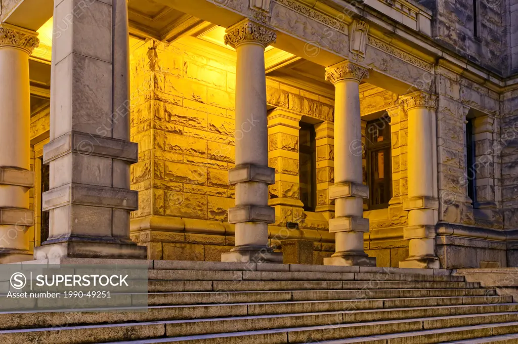 Steps and columns at the rear of the British Columbia Legislature, Victoria, British Columbia, Canada