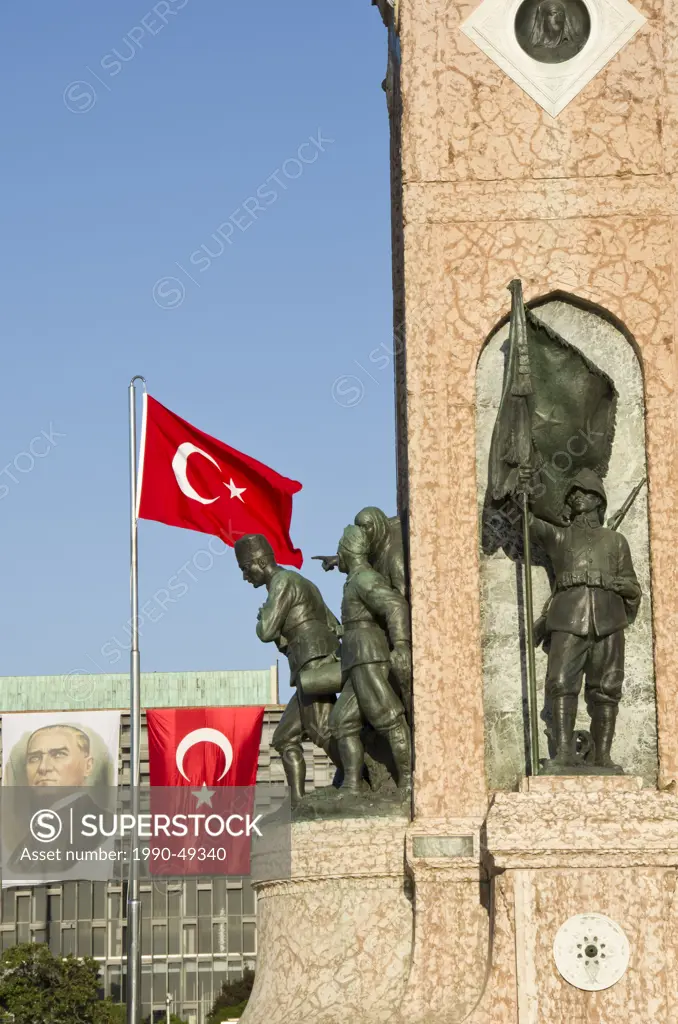 Monument of the Republic and Turkish Flag, in Taksim Square, Istanbul, Turkey
