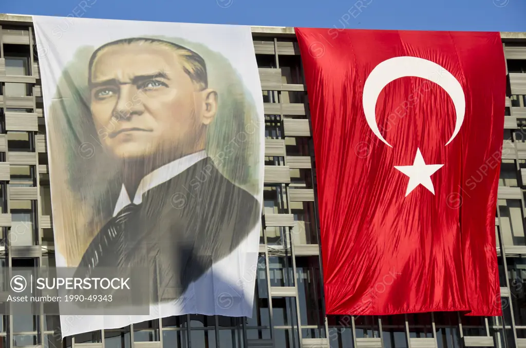 Portrait of Mustafa Kemal Atatürk and Turkish Flags on the Atatürk Cultural Center, Istanbul, Turkey