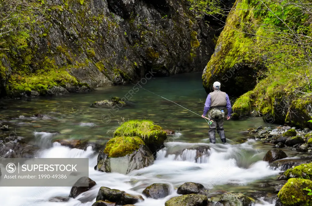 Fly fishing on the Heber River, Vancouver Island, British Columbia, Canada