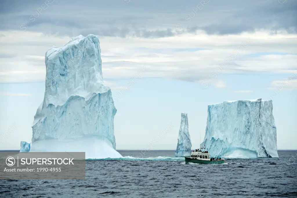 Icebergs and whale watching boat, Witless Bay Ecological Reserve, Newfoundland, Canada
