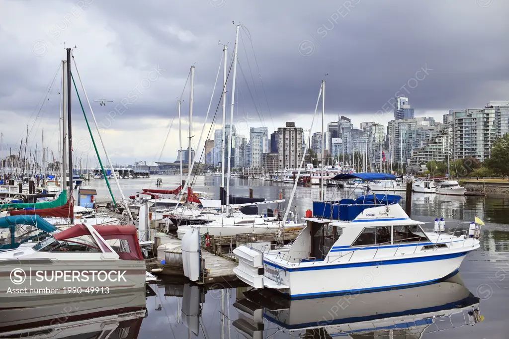 View of the marina at Coal Harbour and downtown skyline, Vancouver, British Columbia, Canada.