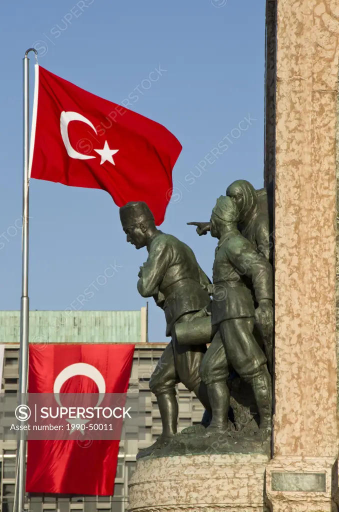 Monument of the Republic and Turkish Flag, in Taksim Square, Istanbul, Turkey
