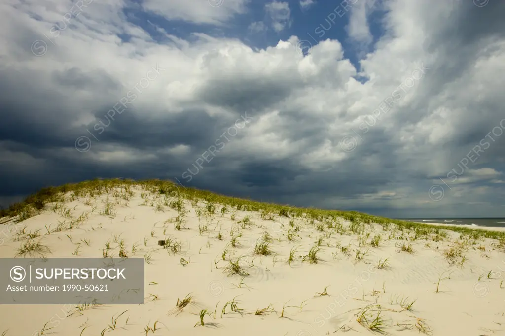 Storm moving in over sand dunes, Island Beach State Park, New Jersey, United States