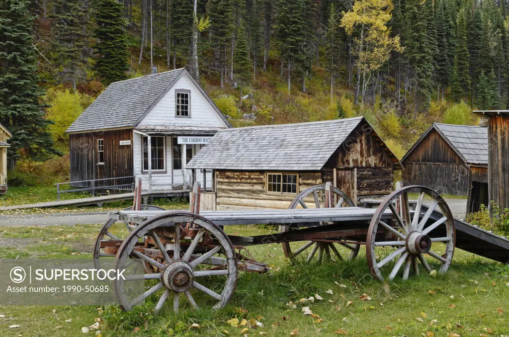 The Cariboo Sentinel, and old wagon, Barkerville townsite, Cariboo Region, Britsih Columbia, Canada