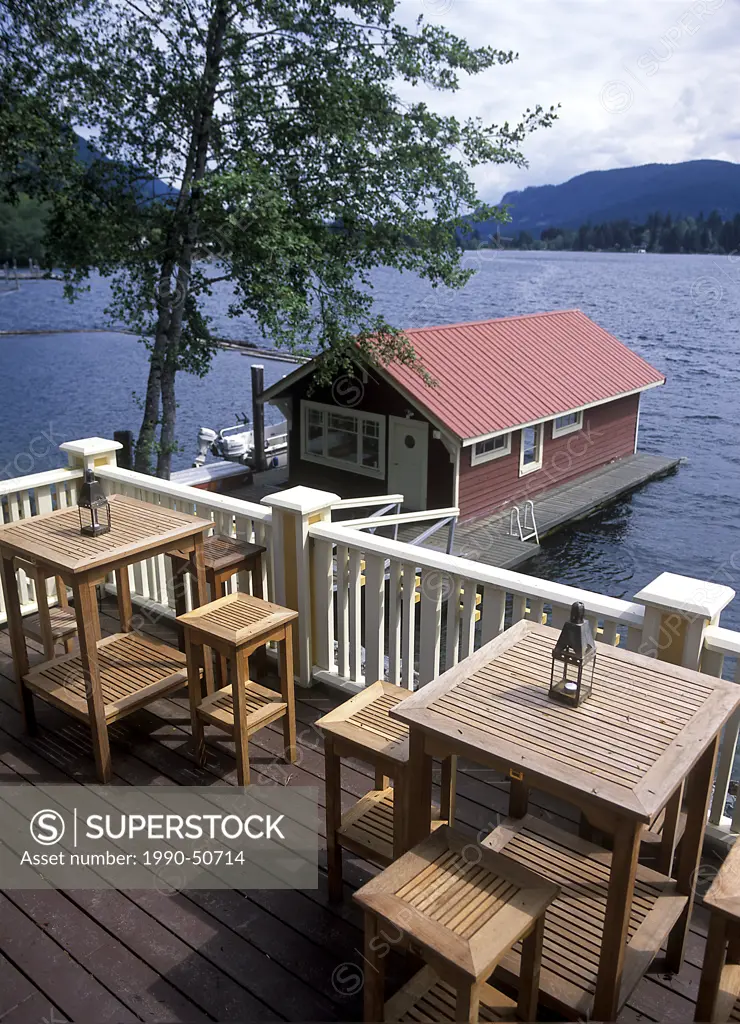 Deck at a lakefront cottage in Youbou, a small former mill town on Lake Cowichan, Vancouver Island, British Columbia, Canada