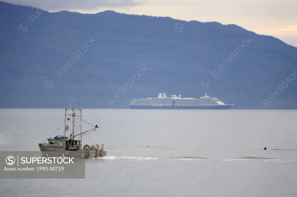 Commercial fishing boat with cruise liner in background, Prince Rupert, British Columbia, Canada