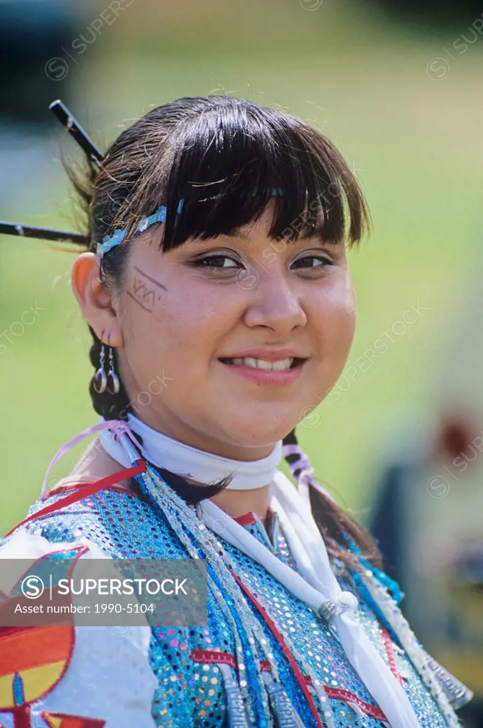 Portrait of a First Nations woman at the Island Thunder Pow Wow, Duncan, Vancouver Island, British Columbia, Canada