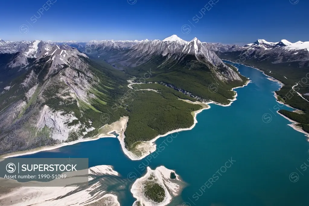 Aerial view of Spray Lakes and Spray Lakes Provincial Park, Alberta, Canada in the afternoon