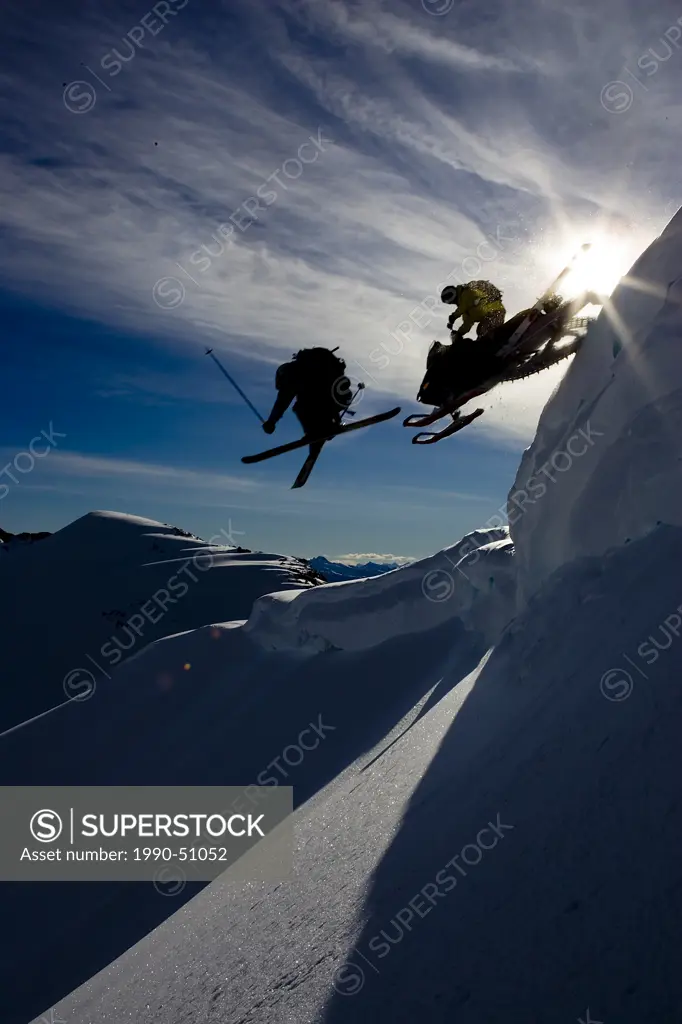 skier Snowmobile cornice, Whistler, BC, Canada
