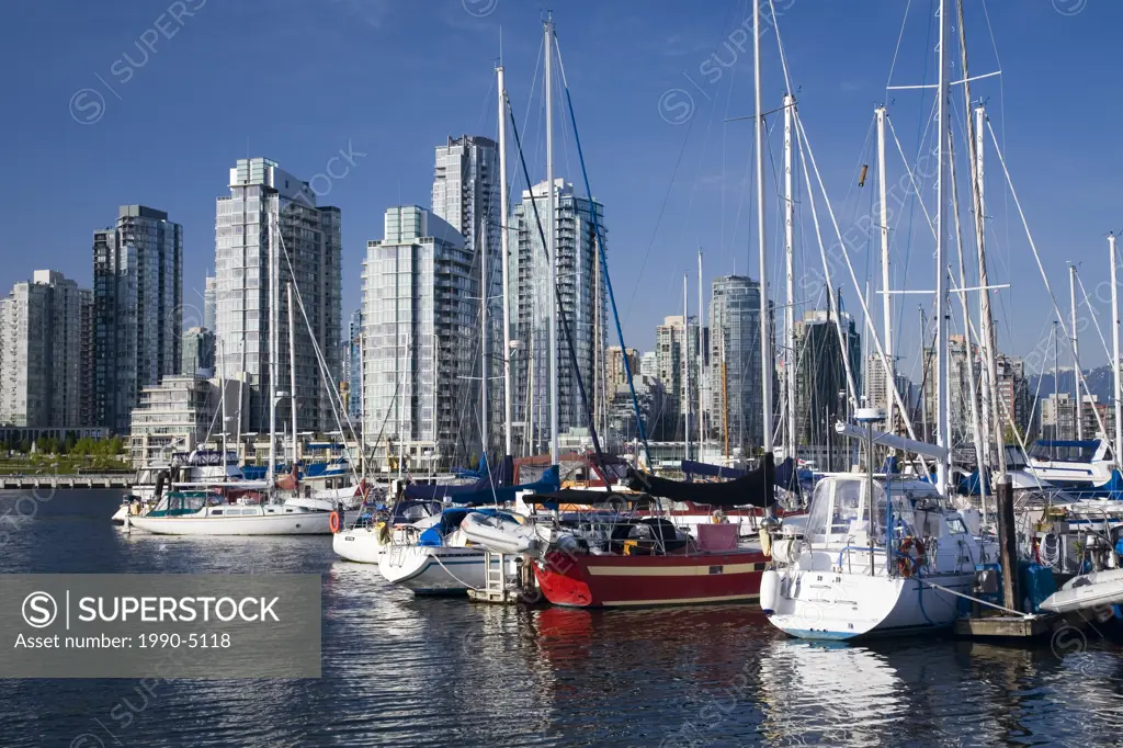 Boat marina in False Creek and downtown condominiums, Vancouver, British Columbia, Canada