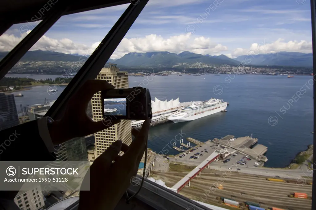 Looking down on the Port of Vancouver and Canada Place, Vancouver, British Columbia, Canada.