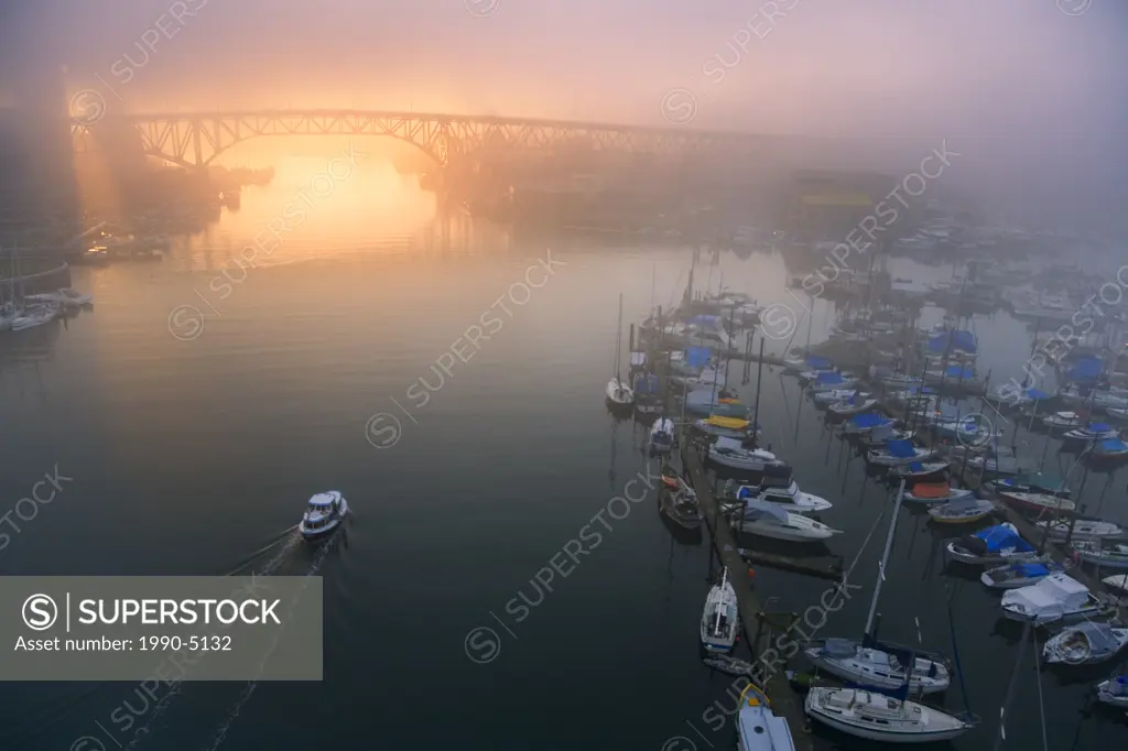 Boats on False Creek on a foggy morning, from Burrard Bridge, Vancouver, British Columbia, Canada