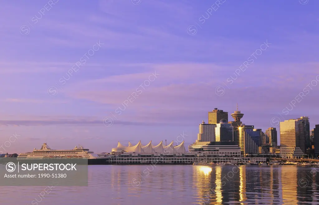 Canada Place and downtown at sunrise, Vanocuver, British Columbia, Canada.