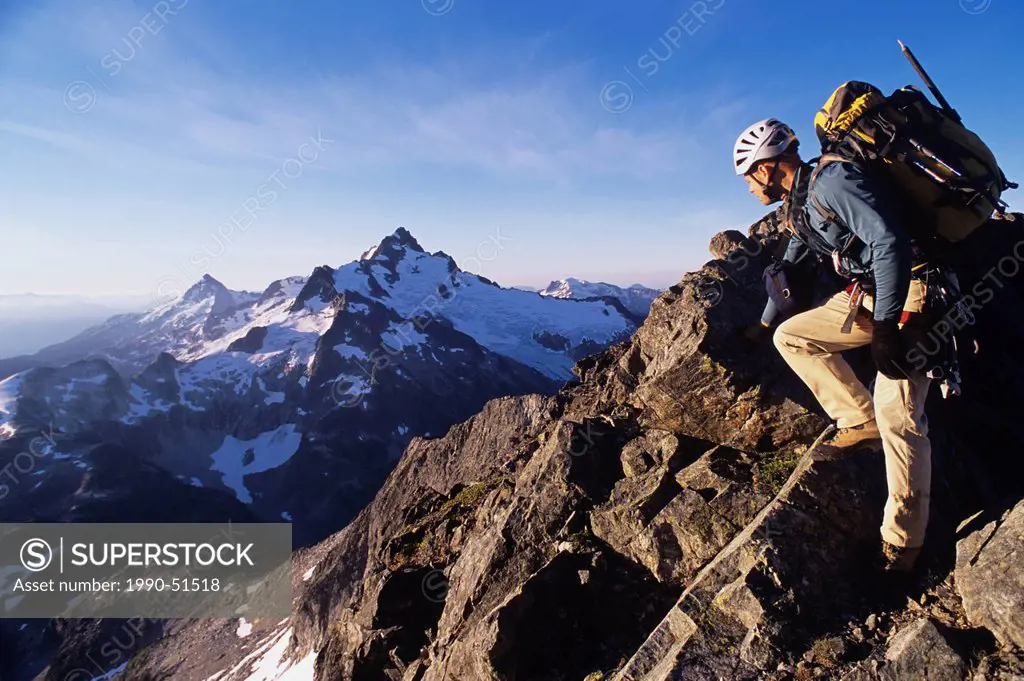 Climber on the Tantalus Traverse, Coast Mountains in southern British Columbia, Squamish, Canada