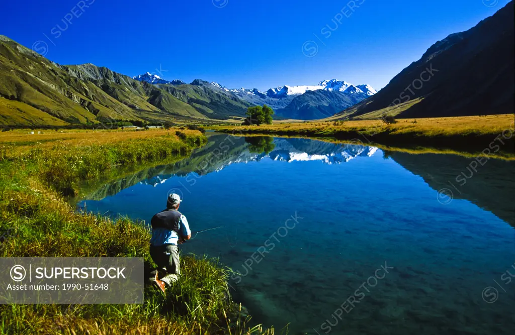 Man fly fishing, Ahuriri River, South Island, New Zealand
