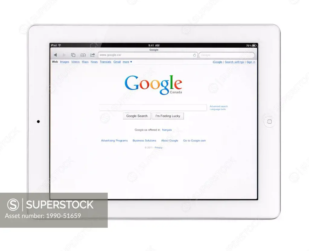 Apple iPad 2 tablet computer with Google search engine front page on its display