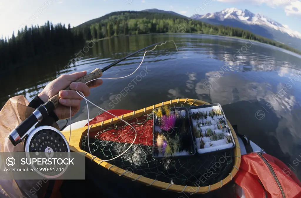 Flyfishing for trout, Dennis lake, British Columbia, Canada.