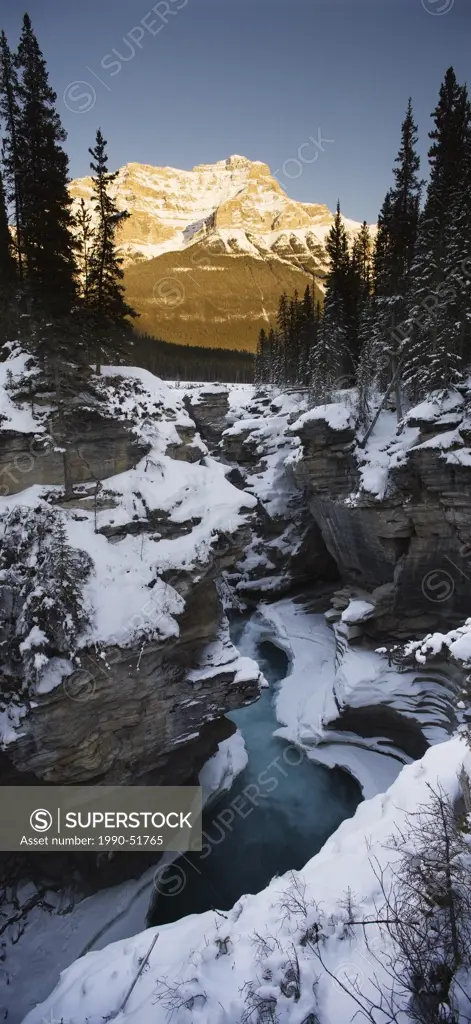 Athabasca Falls and Mount Kerkeslin, Jasper National Park, Alberta, Canada.