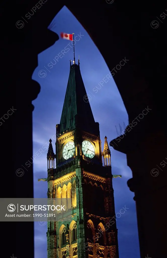 The Peace Tower of the Canadian Parliament Buildings at night, Ottawa, Ontario, Canada.
