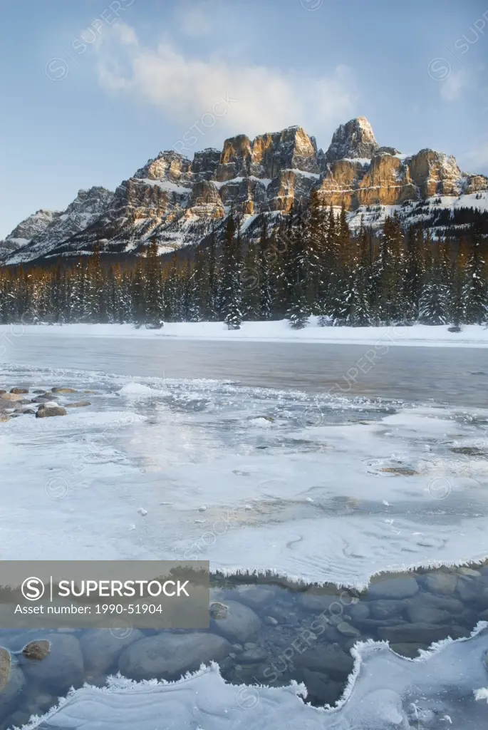 Bow River in winter, Castle Mountain, Banff National Park, Alberta, Canada