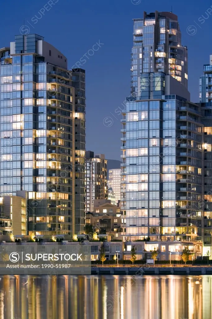 Downtown buildings in the evening, Vancouver, British Columbia, Canada.