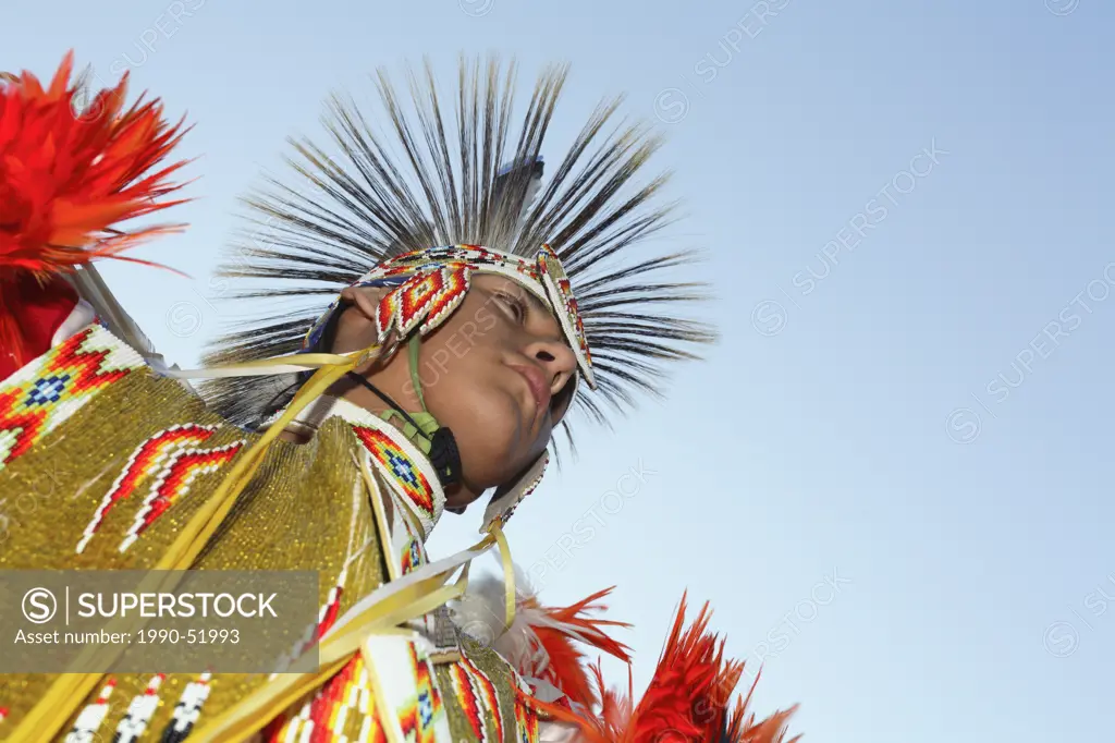 Men's Fance Dance First Nations Dancer from the Blackfoot Blood Porcupine Headdress and intricate beaded outfit, Alberta, Canada.