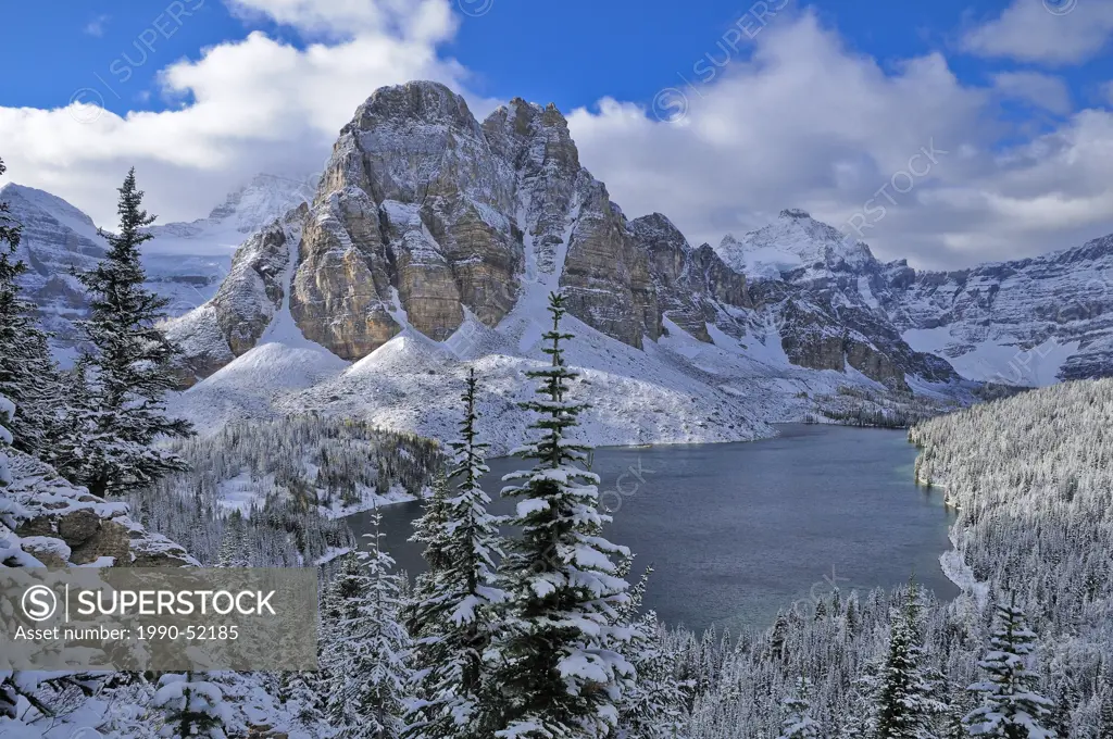 Fresh snow on Sunburst Peak, Cerulean Lake, Mount Assiniboine Provincial Park, Rocky Mountains, British Columbia, Canada