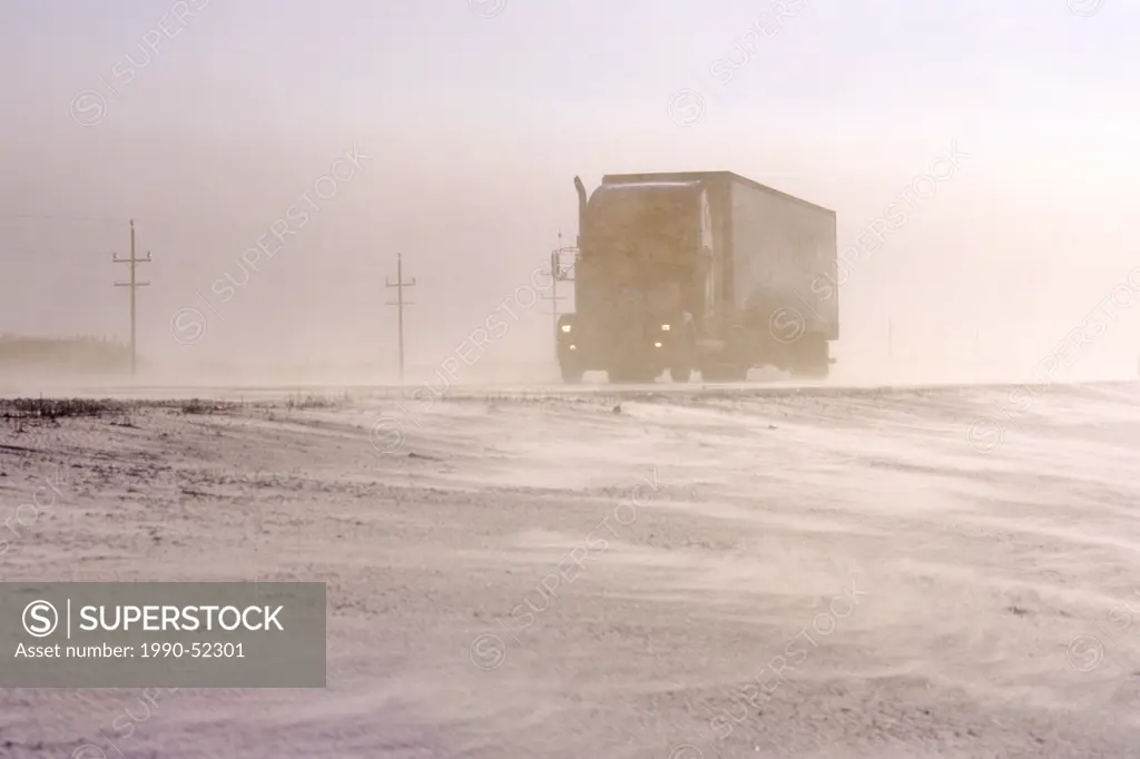 A semi truck on the Trans_Canada Highway during stormy weather near Winnipeg, Manitoba, Canada