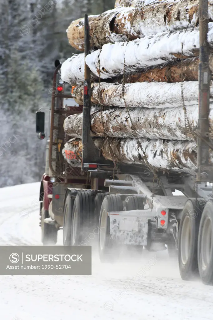 Loaded logging truck in winter, Smithers, British Columbia, Canada.