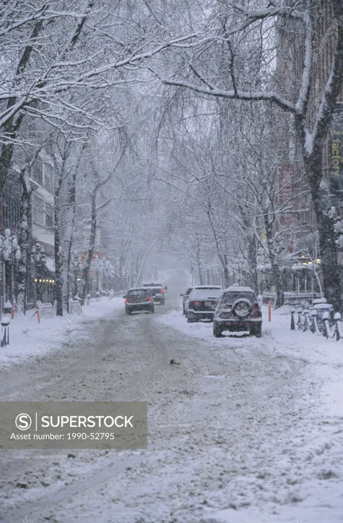 Water Street, Gastown in snow, Vancouver, British Columbia, Canada