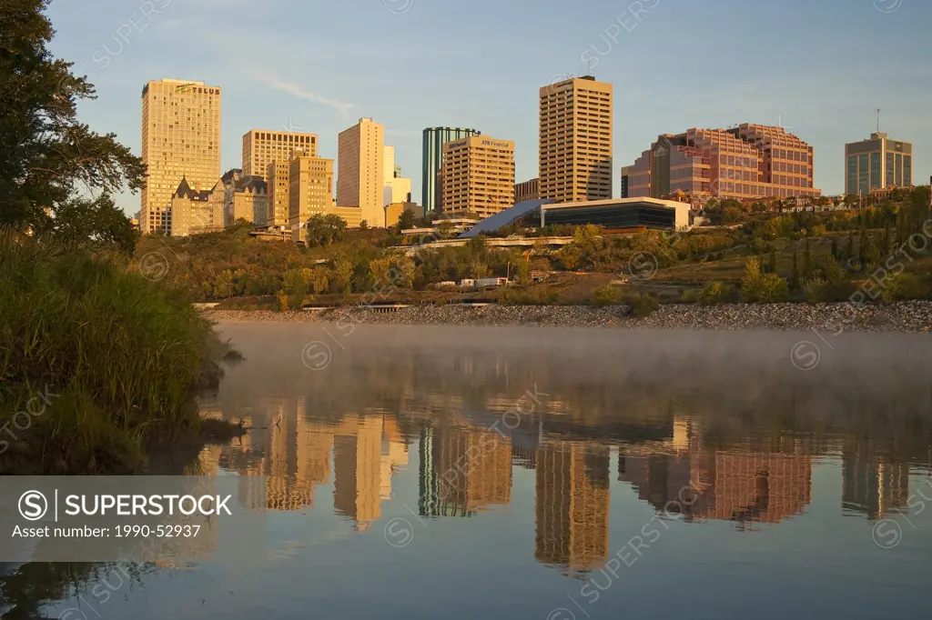 Downtown Edmonton and North Saskatchewan River at sunrise, Edmonton, Alberta.