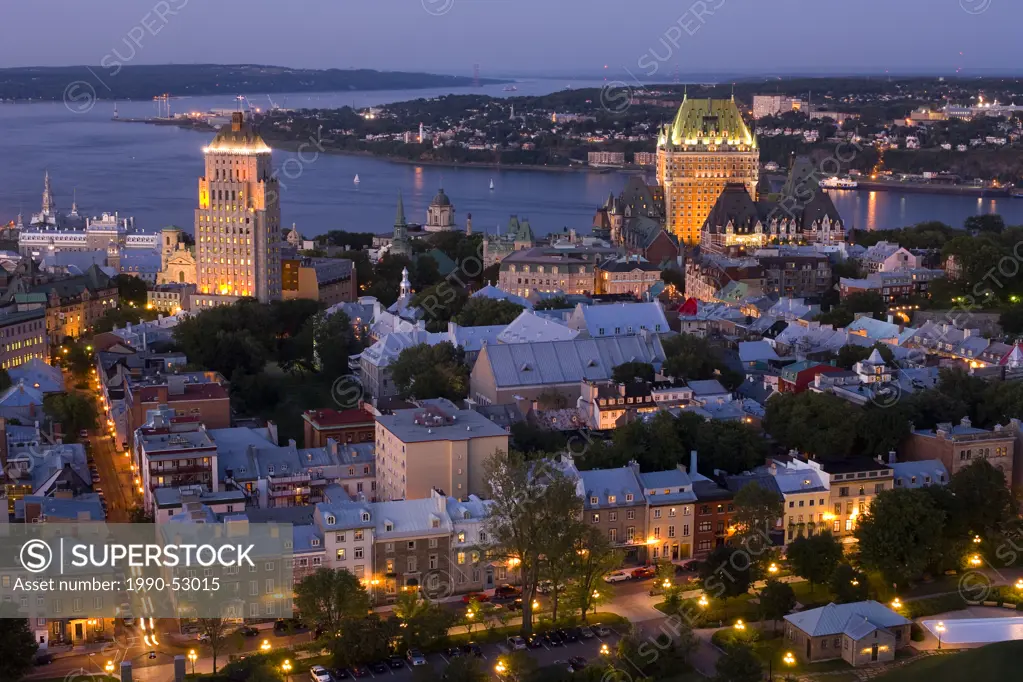 High viewpoint twilight view of Vieux_Quebec and Vieux_Port. the old sections of Quebec City, Quebec, Canada.