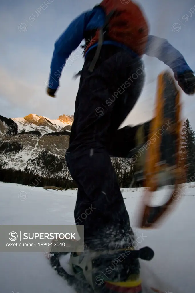 A snowshoer enjoying an early morning running at Lake Minnewanka, Banff National Park, Alberta, Canada