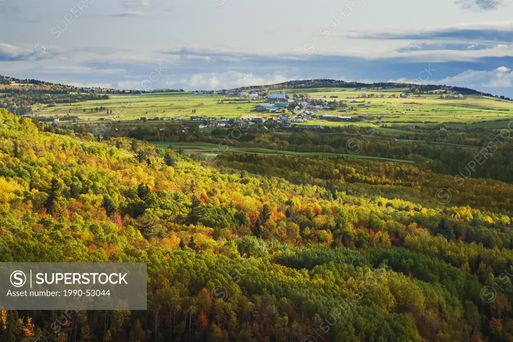Village of Les Aboulements in early fall as seen from a neighbouring mountain top, Charlevoix, Quebec, Canada